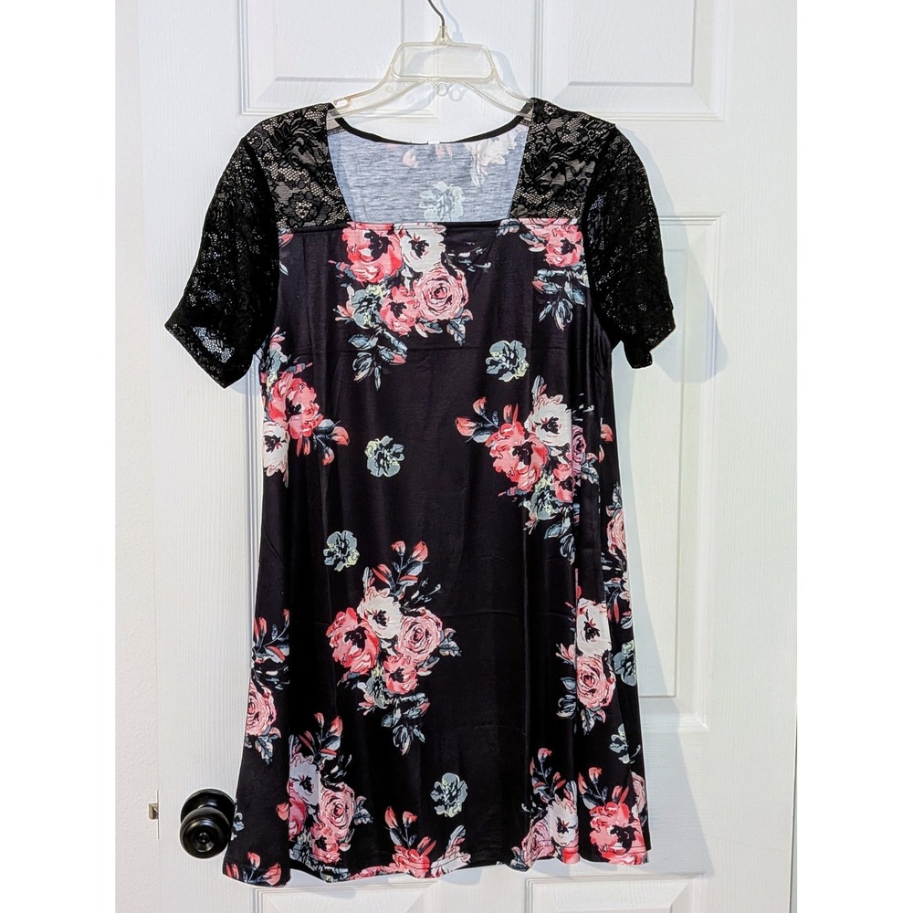 Floral Print Dress Lace Sleeve Square Neck Casual Mini Dress Size L NWT - Picture 2 of 10